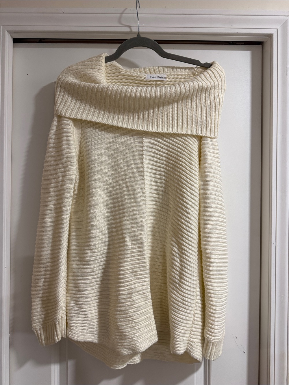 Calvin Klein Cream Ribbed Fold-Over Cowl Sweater